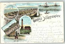 26548 W2982 Norderney 1896 Lithographie Leuchtturm Giftbude Damenstrand Möwe