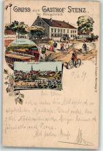 01936 O8293 Königsbrück 1899 Lithographie Gasthaus Stenz Baracken Radfahrer