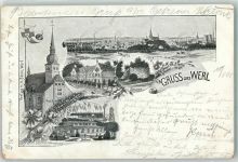 59457 W4760 Werl 1898 Künstlerkarte Ursulinen Stift Solbad Schlossruine prot. Kirche sign. A. Stampfer