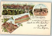 91052 W8520 Erlangen 1898 Lithographie Kaserne Bahnhof Kunstbrunnen