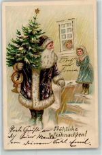 Brauner Mantel mit Pelzbesatz , Tannenbaum AK Weihnachtsmann 1905 Lithographie / Prägedruck