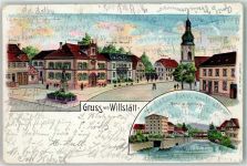 77731 W7608 Willstätt Gebrauchsspuren Rathaus Schulhaus Kaufhaus Gasthaus Adler Kirche Kinzig Gruss Lithographie