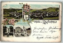 99448 O5305 Kranichfeld 1900 Lithographie Kriegerdenkmal Ratskeller Kirche Stadtwappen
