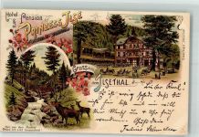 38871 O3705 Ilsenburg 1901 Lithographie Hirsch Rehe Wildbach Hotel-Pension Prinzess Ilse