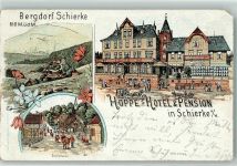 38879 O3706 Schierke am Brocken 1897 Gebrauchsspuren Hotel Hoppe Postkutsche Dorfstraße Rindertrieb Lithographie