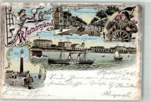 18055 O2540 Warnemünde 1899 Lithographie Villen am Seestrand Raddampfer Spill Kapitän Matrose