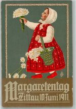 02763 O8800 Zittau 1911 Gebrauchsspuren Lithographie Margaretentag 1911 Blumenmädchen