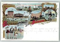 25761 W2242 Büsum+ 1898 Lithographie Wattenläufer Strandhotel Krabbenfängerin Segelschiffe Seehunde