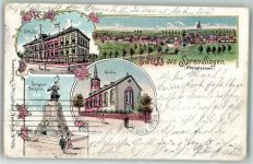 55576 W6555 Sprendlingen , Rheinhess 1901 Gebrauchsspuren Lithographie Schule Kriegerdenkmal Kirche