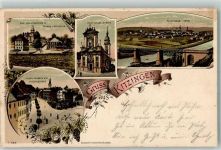 97318 W8710 Kitzingen Lithographie Kaiser Wilhelm Straße Königsplatz Kol. Progymnasium Ev. Kirche
