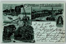 25840 W2254 Friedrichstadt , Eider 1900 Lithographie Ev. Kirche u. Schule Schiffsreperatur Ref. Kirche Kriegerdenkmal der 1850 Gefallenen