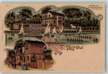 10115 O1193 Treptow Lithographie Gasthaus Strandschlößchen Segelboote Ruderboote Schweizerhäuschen
