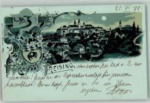 85354 W8050 Freising , Oberbay 1898 Lithographie / Mondschein Wappen Domberg Freisinger Dom