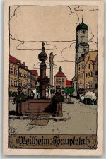 82362 W8120 Weilheim i. OB Künstlersteindruck Hauptplatz Marktbrunnen Kirche St. Maria Himmelfahrt Mariensäule