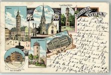 07545 O6500 Gera 1908 Lithographie Rathaus Real-Gymnasium Ferberturm Trinitas-Kirche