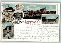 01623 O8260 Lommatzsch 1900 Lithographie Kriegerdenkmal Rathaus Kgl. Amtsgericht Stadtwappen Marktplatz