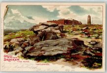 Brocken 1900 Lithographie / Künstlerkarte Teufelskanzel Brockenturm Gasthaus sign. Spindler