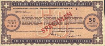 Scheck über 50 CHF Verband Schweizerischer Kantonalbanken Specimen Bank KEINE AK