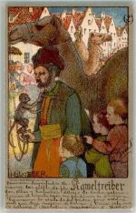 Kameltreiber mit einem Affen Volkstypen sign. H.J. Weber Litho Hubert Köhler Künstlersteindruck