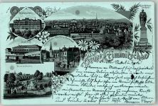 08451 O9630 Crimmitschau 1902 Lithographie Kaiser Wilhelm-Denkmal Knabenschule Bismarckstein Bahnhof Realschule Kutsche