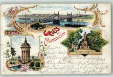 68159 W6800 Mannheim Gebrauchsspuren Neckarbrücke Wasserturm Bismarck Denkmal Lithographie