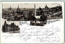 65183 W6200 Wiesbaden 1901 Lithographie Rathaus Kochbrunnen Straßenbahn