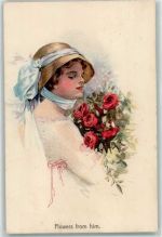 Flowers from him , Frau mit Rosen AK Barber, C. 1915