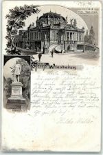 65183 W6200 Wiesbaden 1900 Lithographie Königl. Hoftheater Kaiser Wilhelm I.-Denkmal