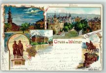 99423 O5300 Weimar , Thür 1898 Gebrauchsspuren Schloss Goethe Schiller Denkmal Carl August Denkmal An der Ilm Lithographie