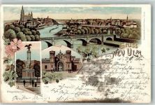 89231 W7910 Neu-Ulm 1899 Lithographie Kriegerdenkmal Portal der Friedens Kaserne