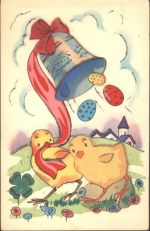 Oster-AK mit montiertem Küken und Glocke, Glimmer Huhn Collage
