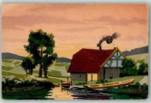 Haus Fluss Boot Handgemalt