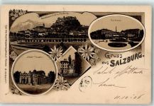 5020 Salzburg 1906 Lithographie Karolinenbrücke m. Festung Curhaus Stadttheater Mozartstatue