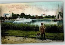 10115 O1168 Müggelheim 1909 - Sportshaus zur grossen Krampe Hund Mann Fernglas Segelboot Schiff Fahne Schwarz-Weiß-Rot Gruss Schwan