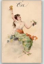 Jugendstil Frau mit Weintrauben AK Jahreszeit 1900 Lithographie / Künstlerkarte
