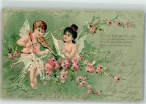 mit Glimmer - Glitzerauflage Geige Blumen Elfe 1901 Lithographie