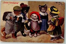 Stroefer TSN Serie 962 Erster Schulgang Katze vermenschlicht Thiele, Arthur 1909 Gebrauchsspuren