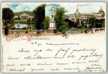 65183 W6200 Wiesbaden 1898 Lithographie Kurhaus Kaiser Wilhelm Denkmal Kochbrunnen Kirche Gruss