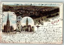 07545 O6500 Gera 1898 Lithographie St. Johannis Kirche Rathaus