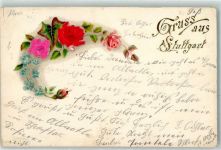 W7000 Stuttgart mit echter Stoff Applikation Gruss aus Rose 1900 Prägedruck