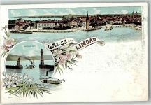 88131 W8990 Lindau Bodensee Gebrauchsspuren Lithographie Hafen Leuchtturm Denkmal