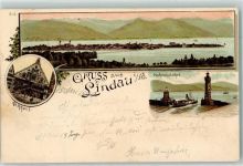 88131 W8990 Lindau Bodensee 1899 Lithographie Hafeneinfahrt Leuchtturm Rathaus