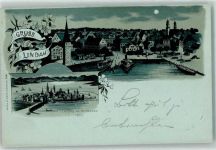 88131 W8990 Lindau Bodensee 1898 Lithographie / Mondschein Bodensee Hafen Ausflugsdampfer Lindau um 1600