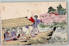 Osaka Lithographie / Künstlerkarte Tracht Frauen Boot