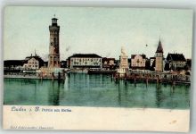 88131 W8990 Lindau Bodensee 1906 - Hafeneinfahrt mit Bayerischem Löwen Leuchtturm und Mangturm