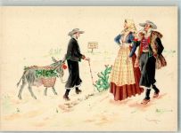 09019 Teulada Lithographie / Künstlerkarte Esel Tracht Sardinien