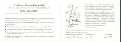 95482 W8586 Gefrees KEINE AK Gasthaus-Pension "Entenmühle", 2-fach Klappkarte, mit Kurzinfos