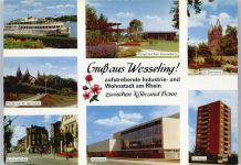 50389 W5047 Wesseling , Rheinl - Schiff, Bahnhofstraße, Schwimmbad, Kirche, Hochhaus, Auf dem Sonnenberg
