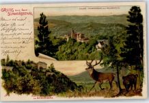 07422 O6823 Bad Blankenburg Lithographie / Künstlerkarte Ruine Greifenstein , Rehe