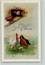Hennen mit Küken und Hahn Ostergruss Huhn Künstlerkarte